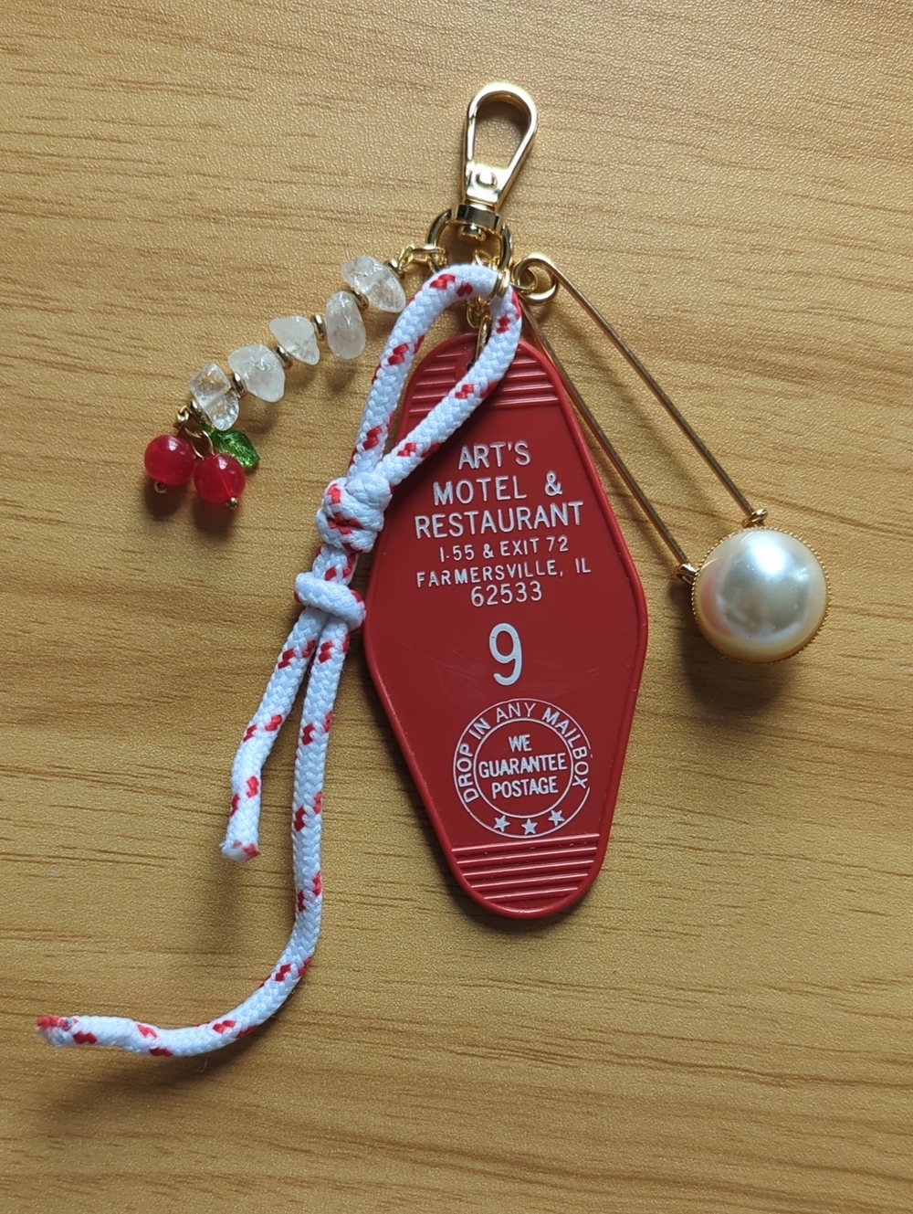 Red Vintage Motel Bag Charm Keychain with Pearl and Cherry Accents Handmade